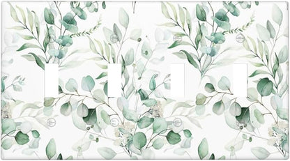 Boho Green Eucalyptus Leaf Floral Plants Flowers Light Switch Covers Quad Toggle Electrical Faceplate 4 Gang Wall Plate Decorative Switch Plates for Bed Room Living Room Decor