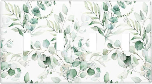 Boho Green Eucalyptus Leaf Floral Plants Flowers Light Switch Covers Quad Toggle Electrical Faceplate 4 Gang Wall Plate Decorative Switch Plates for Bed Room Living Room Decor