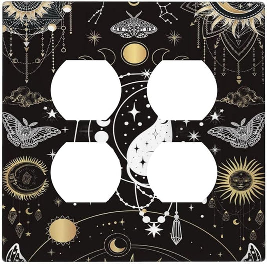 White Cat Tarot Moon Phases Moth Celestial Gothic Outlet Covers 2 Gang Double Duplex Decorative Light Switch Covers Electrical Wallplates Socket Faceplate for Kids Room Bedroom Decor