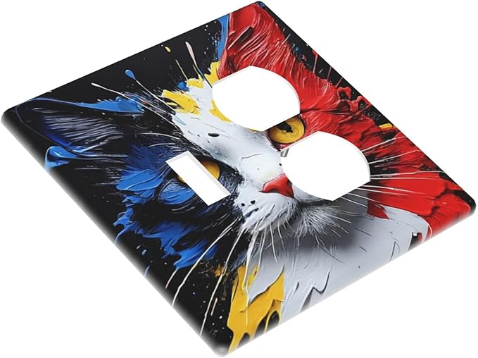 Decorative Outlet Covers Colorful Doodle Cute Funny Black Red White Cat 2 Gang Wall Plate Cover Single Toggle Duplex Combo Two Switch Light Switch Cover Plate Faceplate