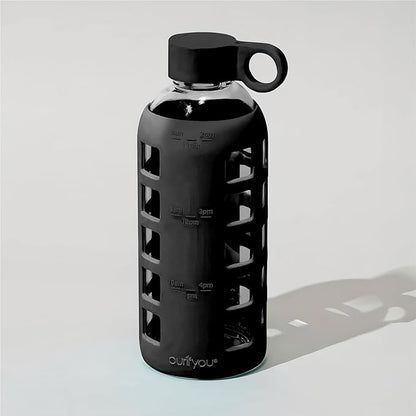 purifyou 40oz / 32oz / 22oz / 12oz Borosilicate Glass Water Bottle with Time & Volume Markers, Silicone Sleeve, Stainless Steel Lid | Reusable Glass Bottle for Water & Juice (22oz Jet Black)