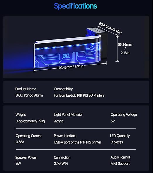 BIQU Panda Alarm for Bambu-Lab P1P P1S, Wireless Sound and Light Alarm Printer Status Display Support Web UI & BIQU APP Control