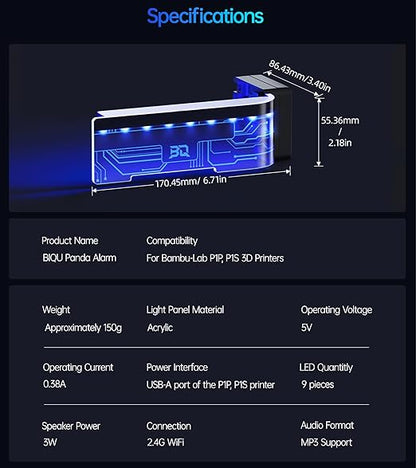 BIQU Panda Alarm for Bambu-Lab P1P P1S, Wireless Sound and Light Alarm Printer Status Display Support Web UI & BIQU APP Control
