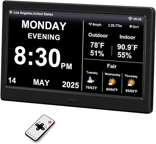 2025 Digital Clock with Weather Forecast & Temperature/Humidity Large Display,Auto Time Sync, Custom Alarms & Medication Reminders, Elderly Memory Loss (Black, 10.1 Inch)