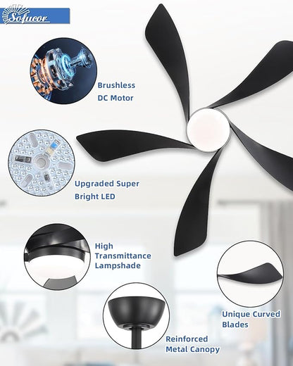 Sofucor 45" Smart Ceiling Fan, Indoor/Outdoor Black Ceiling Fans with Lights and Remote, Works with Alexa/Google/App, 3-Color Light 6-Speed Timing Reversible DC Motor for Bedroom Living Room Patio
