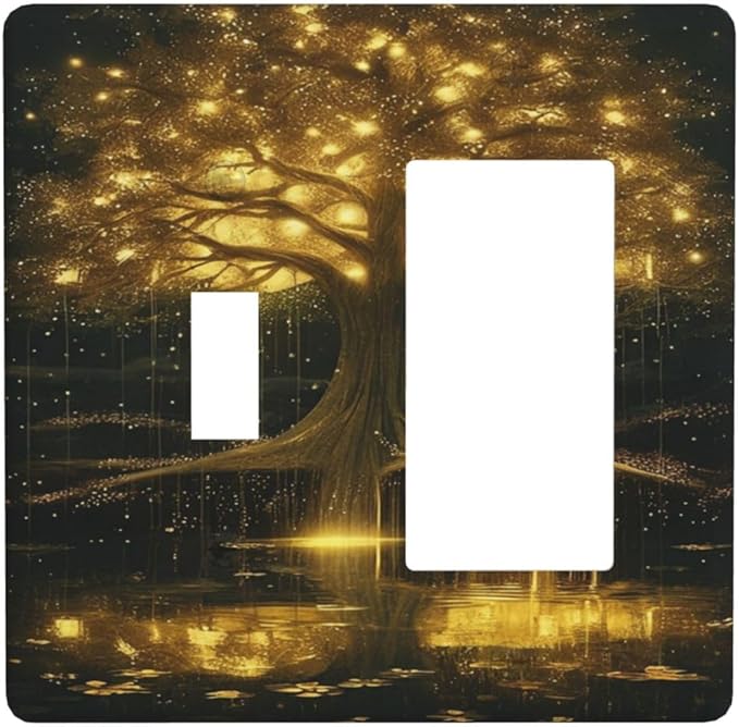 Decorative Outlet Covers Golden Shining Fantasy Kabbalah Tree of Life 2 Gang Wall Plate Single Toggle 1 Rocker Light Switch Cover Switch Plate Covers Faceplate for Bedroom Home Decor