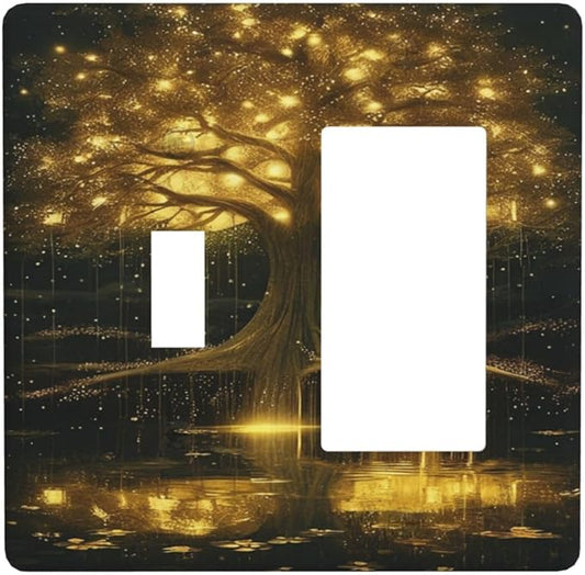 Decorative Outlet Covers Golden Shining Fantasy Kabbalah Tree of Life 2 Gang Wall Plate Single Toggle 1 Rocker Light Switch Cover Switch Plate Covers Faceplate for Bedroom Home Decor