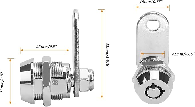 2 Pack Tubular Cam Locks, Cabinet Locks with 7/8'' Cylinder, Atom Lock for Arcade Machine, Gumball Machine, Cash Door, Tool Box, Chrome Finish and Keyed Alike (7/8 Inch 90°)