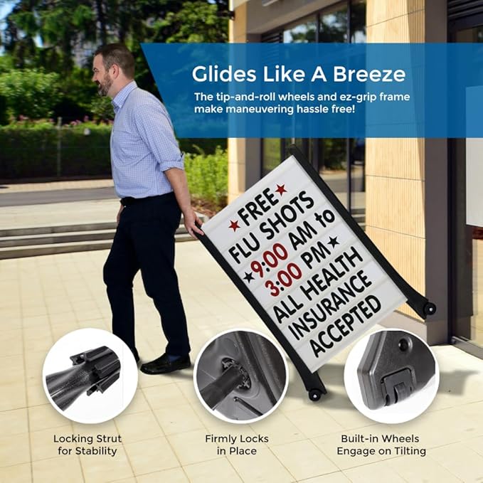 SmartSign 24"x36" Changeable Message Board Sidewalk Sign, Standard Portable A-Frame Sign & Letter Kit for Outdoor, Business, Large Black Standing Frame with Wheels, USA-Made