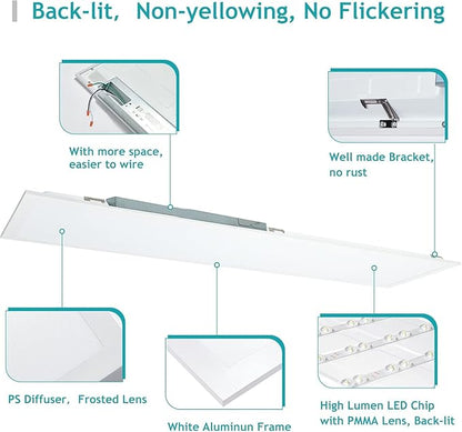 1x4 LED Flat Panel Light 5000K 4000K 3000K - 1x4 LED Troffer Drop Ceiling Light Fixture, 0-10V Dimmable, 100-277V, ETL Listed, 8 Pack