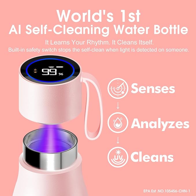 VSITOO 15oz Smart Self Cleaning Water Bottle，Insulated Water Bottle with Stainless Steel, BPA-Free, AI Self-Clean, 30-Day Battery, Magnetic Charging for Travel, Gym or Office, Pink