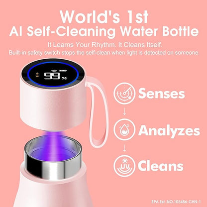 VSITOO 15oz Smart Self Cleaning Water Bottle，Insulated Water Bottle with Stainless Steel, BPA-Free, AI Self-Clean, 30-Day Battery, Magnetic Charging for Travel, Gym or Office, Pink