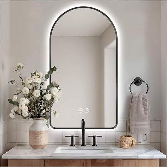40" x 24" Arched LED Bathroom Mirror, Black Framed, Backlit Vanity Mirror with Lights, Wall Mounted Lighted Mirror, Dimmable 3-Color Shatter-Proof Arch Smart Mirror, UL-Listed, CRI≥93