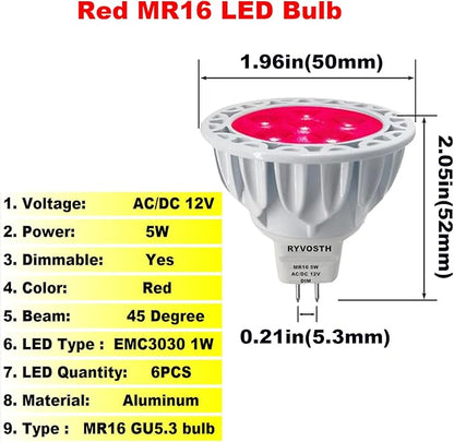 6-Pack MR16 Red Led Bulbs 5W Replace 35W 50W Halogen Equivalent,12V Low Voltage MR16 GU5.3 Red Color Bulb Spotlights for Outdoor Landscape Flood Track Lighting, Dimmable