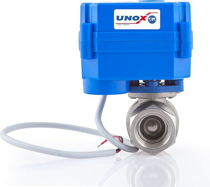 UNOX 3/4 Motorized Ball Valve Stainless Steel AISI304 - Electric Water Valve 9-24V AC/DC and 2 Wire Auto Return Setup - Automatic Main Water Electric Shut off Valve - Ball Valves