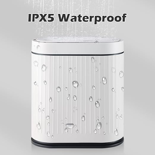 ELPHECO Bathroom Trash Can with Lid 2 Gallon Motion Sensor Garbage Can 7.5 Liter Small Trash can Touchless Bathroom Decor Waterproof Smart Waste Bin with Stripes for Bedroom, Office (White-Black)