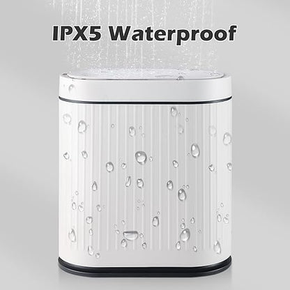 ELPHECO Bathroom Trash Can with Lid 2 Gallon Motion Sensor Garbage Can 7.5 Liter Small Trash can Touchless Bathroom Decor Waterproof Smart Waste Bin with Stripes for Bedroom, Office (White-Black)
