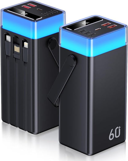 Power Bank 60000mAh 22.5W Fast-Charging Portable Charger with Built-in Cables Portable High Capacity Portable Phone Charger Power Bank for iPhone, Samsung, Galaxy, Camping Outdoor