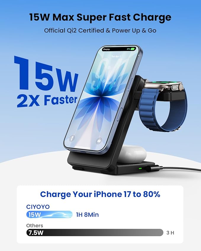 Magnetic Wireless Charger Stand for iPhone: CIYOYO Qi2 15W Max 3-in-1 Fast Charging Station, Foldable Wireless Charger for iPhone 17 16 15 14 13 12 Series, Apple Watch & AirPods, Portable Travel Dock