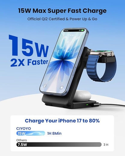 Magnetic Wireless Charger Stand for iPhone: CIYOYO Qi2 15W Max 3-in-1 Fast Charging Station, Foldable Wireless Charger for iPhone 17 16 15 14 13 12 Series, Apple Watch & AirPods, Portable Travel Dock