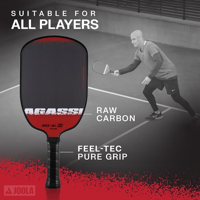 JOOLA Agassi Edge 16mm Pickleball Paddle - Carbon Fiber Pickleball Racket Surface Increases Spin & Control - Agassi Shape with Extended Sweet Spot - UPA-A Certified - USAP Approved - NFC Chip Enabled