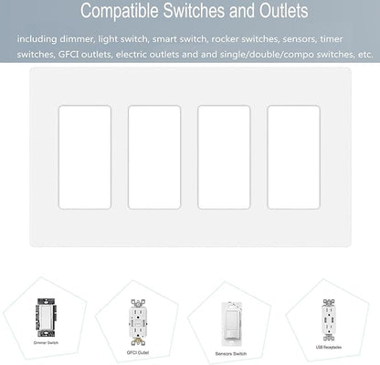 4-Gang Screwless Decora Wall Plate Cover Switch Outlet Electrical Faceplate for Light Switche, Smart Switch, Receptacle, Dimmers, USB Outlet, GFCI, Child Safe Cover Plate, White (2-Pack)