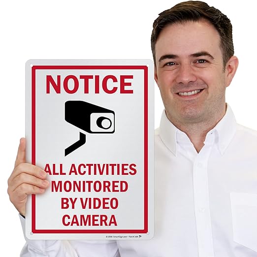SmartSign 14 x 10 inch “Notice - All Activities Monitored By Video Camera” Metal Sign, 40 mil Laminated Rustproof Aluminum, Red, Black and White, Made in USA