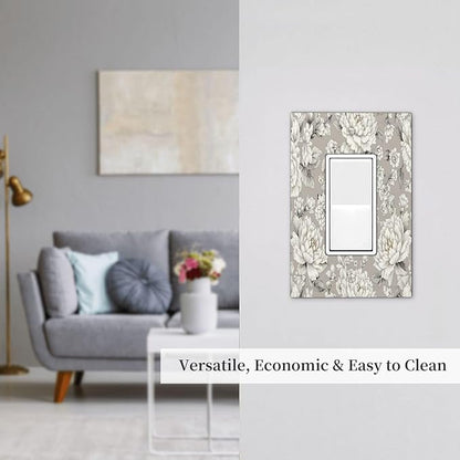 White Poppies Floral Modern Grey Peonies Flowers Decorative Outlet Covers 1 Gang Single Rocker Light Switch Cover Plate Wall Plates GFCI Faceplate for Bedroom Bathroom Decor