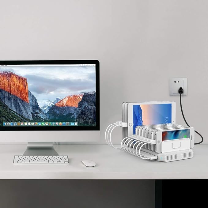 Alxum iPad Charging Station, 96W 10 Port USB Charging Station for Tablet and More Multi Devices Organizer with Detachable Dividers, White