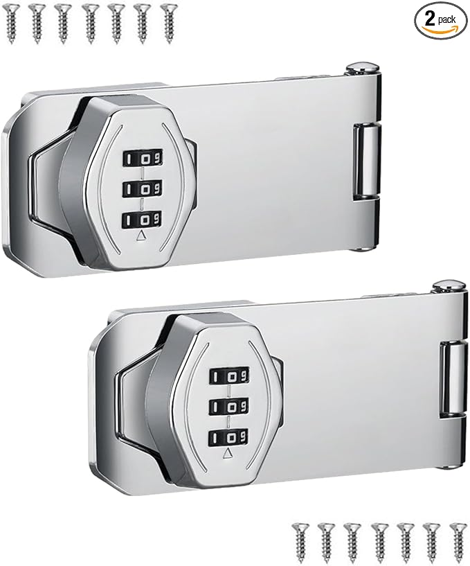 Keyless Combination Lock, 2 Pack Door Security Slide Latch Lock, Silver Password Rotary Hasp Locks for Small Doors, Cabinets, Barn Door, Bathroom, Outdoor, Garage, Garden