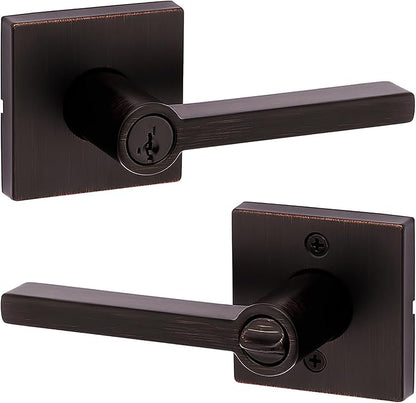 Kwikset Halifax Entry Door Handle with Lock and Key, Secure Keyed Reversible Lever Exterior, For Front Entrance and Bedrooms, Venetian Bronze, Pick Resistant Smartkey Rekey Security and Microban