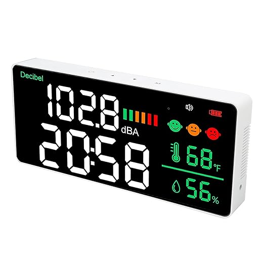 Decibel Meter 11 Inch LED Screen, Wall Mounted Sound Level Reader 30 to 130db, Time Temperature Humidity Display - Sensor, Adjustable Brightness, Ideal for Noise