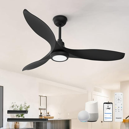 Ensenior 52 Inch Smart Ceiling Fans with Lights and Remote, Control via Alexa Google Voice App, 6 Speeds Reversible DC Motor 3000K-6000K, Dimmable LED, Black Bedroom Ceiling Fan with Lights - 3 Blades