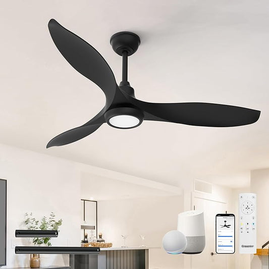 Ensenior 52 Inch Smart Ceiling Fans with Lights and Remote, Control via Alexa Google Voice App, 6 Speeds Reversible DC Motor 3000K-6000K, Dimmable LED, Black Bedroom Ceiling Fan with Lights - 3 Blades