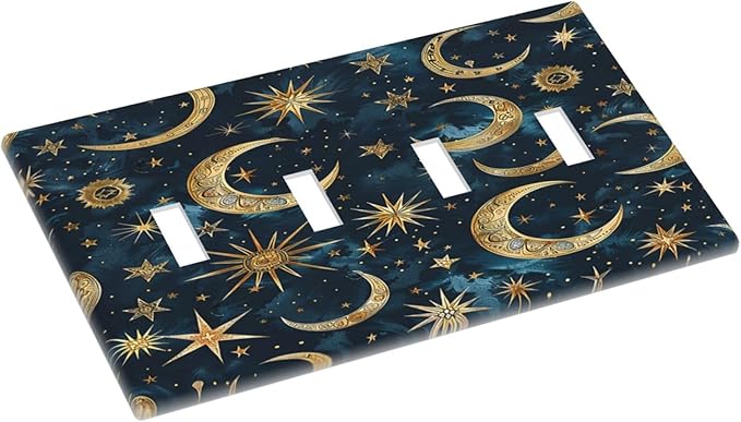 Light Switch Covers Modern Abstract Sky Blue Gold Moon Sun Star Quad Toggle Electrical Faceplate 4 Gang Wall Plate Decorative Switch Plates for Bedroom Kids room Decor