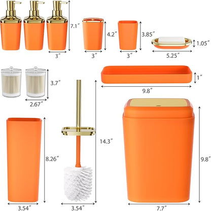 Bathroom Accessory Set, 11PC Bathroom Set, Orange Bathroom Accessories, Bathroom Accessories Set with Trash Can, 3PC Soap Dispensers and Toilet Brush