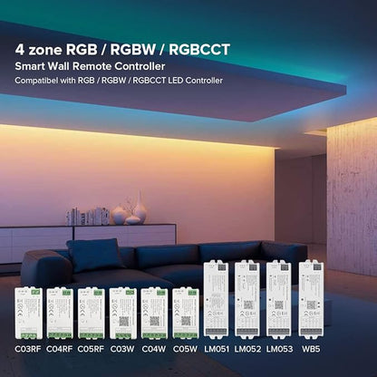 BTF-LIGHTING 4 Zones RGB RGBW RGBCCT Wireless 2.4G RF Wall Mounted Smart Panel Remote Powered by 2XAAA Batteries 3V Work with DR04W WB5 LM052 LM053 C03RF C04RF C05RF C03W C04W C05W Controller