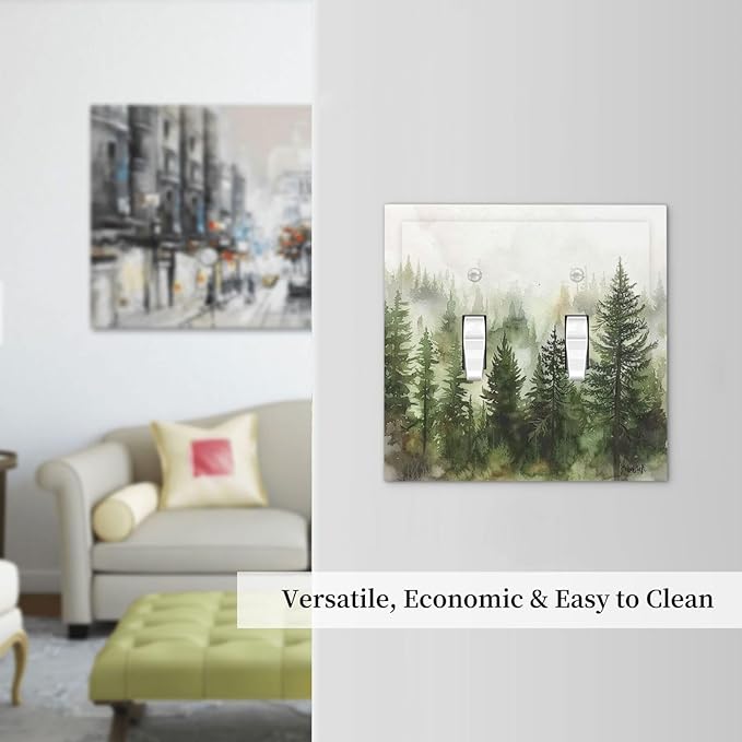 Decorative Switch Plates Green Forest Watercolor Painting Foggy Pine 2 Gang Double Toggle Outlet Light Switch Cover Wall Plate Electrical Faceplate for Bedroom living Room Decor