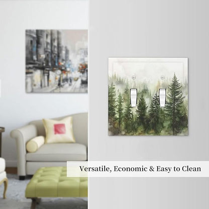 Decorative Switch Plates Green Forest Watercolor Painting Foggy Pine 2 Gang Double Toggle Outlet Light Switch Cover Wall Plate Electrical Faceplate for Bedroom living Room Decor