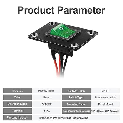1Pcs Green LED KCD4 Boat Rocker Switch 2-Position 4-Pin Pre-Wired DPST Panel Switch 16A 250VAC 20A 125VAC, CE