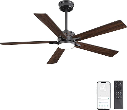 WINGBO 52" Smart Ceiling Fan with Lights, Black/Walnut Blades, 6 Speeds Reversible DC Motor, Works with Alexa and Google Assistant, 3CCT Dimmable LED Ceiling Fan for Bedroom Living Room, Black Finish