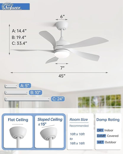 Sofucor 45" Smart Ceiling Fan, Indoor/Outdoor White Ceiling Fans with Lights and Remote, Works with Alexa/Google/App, 3-Color Light 6-Speed Timing Reversible DC Motor for Bedroom Living Room Patio