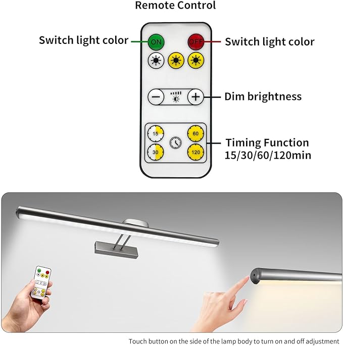24.4" Wireless Picture Lights, Rechargeable Battery Art Display Light with Remote Control, Dimmable/Timer Off Dartboard Light, 3 Lighting Modes Full Metal Painting Display Lights (Nickel-1Pack)