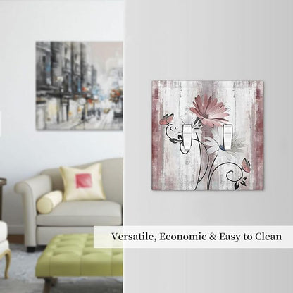 Decorative Switch Plates Pink White Daisy Butterfly Wood Grain 2 Gang Double Toggle Outlet Light Switch Cover Wall Plate Electrical Faceplate for Farmhouse Bathroom Decor