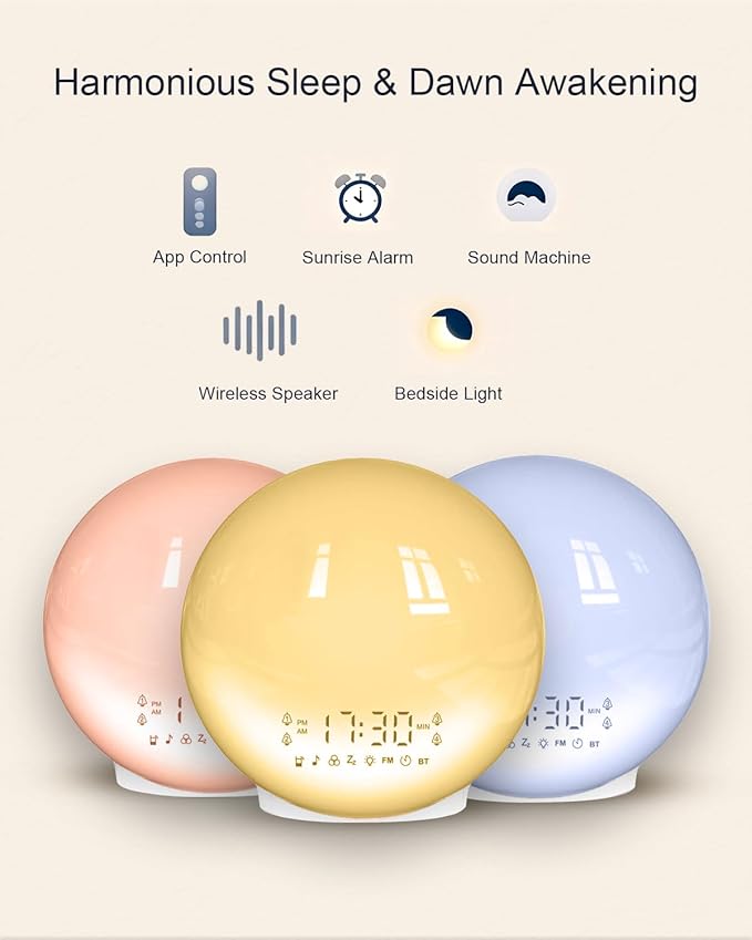 Smart APP Sunrise Alarm Clock with 4 Alarms & Natural Sounds for Heavy Sleepers, App No Signup, Wake Up Light, 11 Night Ligh, Sleep Aid 7 White Noise Machines & FM, Wireless Speaker (White, 1PCS)