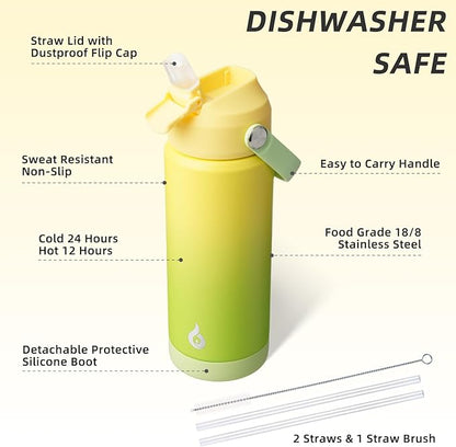 BJPKPK Insulated Water Bottle with Straw Lid, 18oz Thermo Water Bottles, Flex Handle & Non-slip Boot, BPA Free Leak Proof Stainless Steel Metal Thermo, Tumblers, Cups,Fresh Green