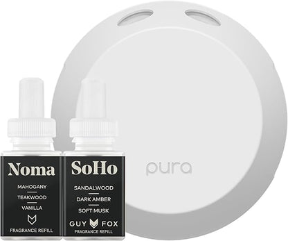 Pura Smart Home Fragrance Device Starter Set - Pura 4 - Scent Diffuser for Home - Includes Fragrance Aroma Diffuser - Square Box, SoHo and Noma Scent Refills