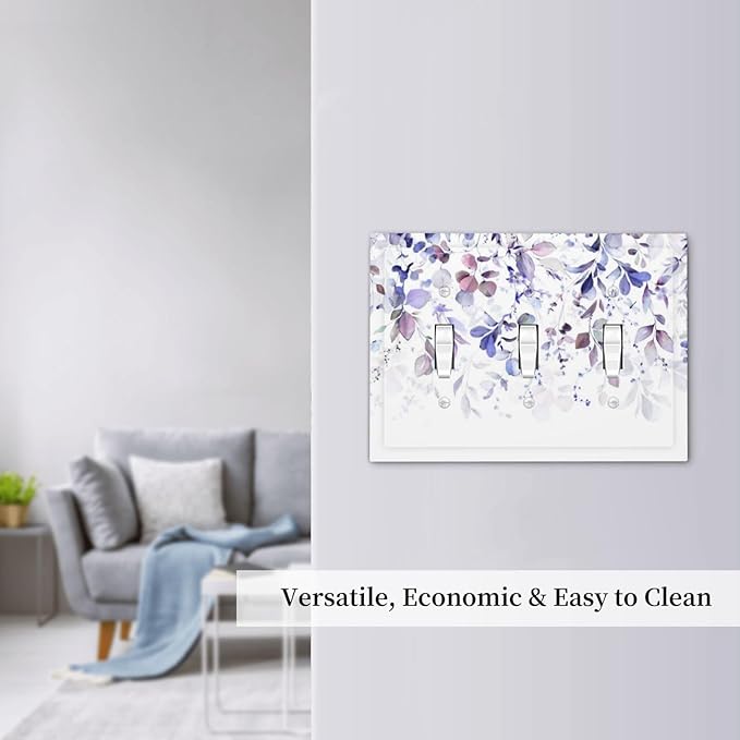 Purple Eucalyptus Watercolor Floral Rustic Leaf Decorative Switch Plates 3 Gang Wall Plate Triple Toggle Light Switch Cover Faceplate Electrical Wall Panels for Farmhouse Home Decor