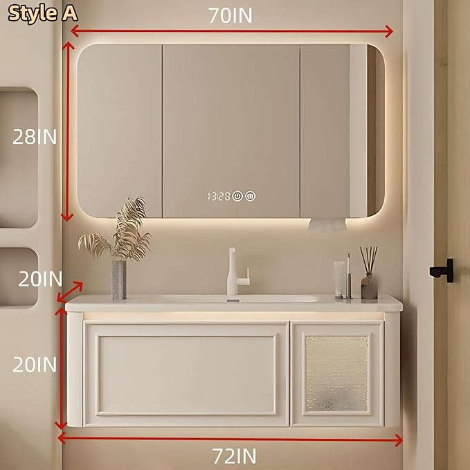 72IN Wall Mounted Bathroom Vanity Set - Wood Bathroom Vanities has Tissue Hole Design | Includes Smart Defogging Mirror Cabinet & Time Display, Rounded Corners, Glass Cabinet Doors (Style A)