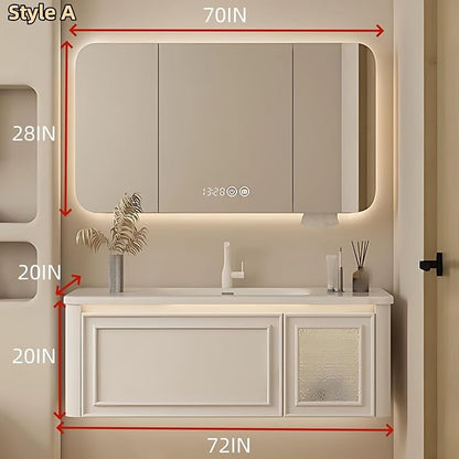 72IN Wall Mounted Bathroom Vanity Set - Wood Bathroom Vanities has Tissue Hole Design | Includes Smart Defogging Mirror Cabinet & Time Display, Rounded Corners, Glass Cabinet Doors (Style A)